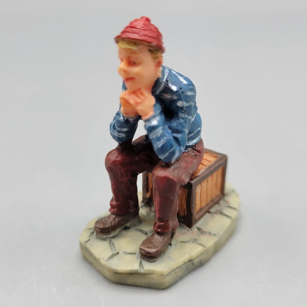 Vintage Lemax Figurine Man Sitting on Box Beanie Hat Story Teller 1.5" Tall